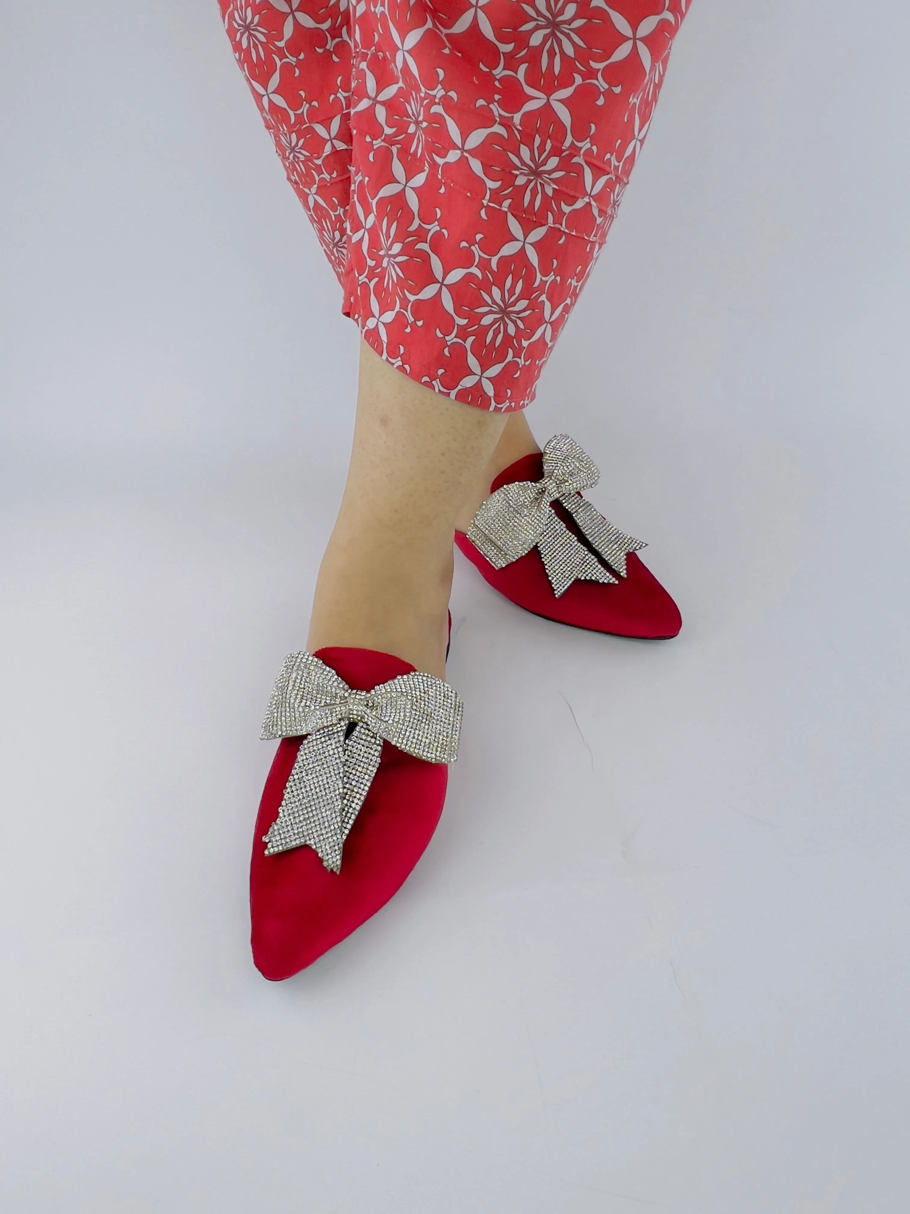 Annabel Red Open Toe Luxury Rhinestone Mules