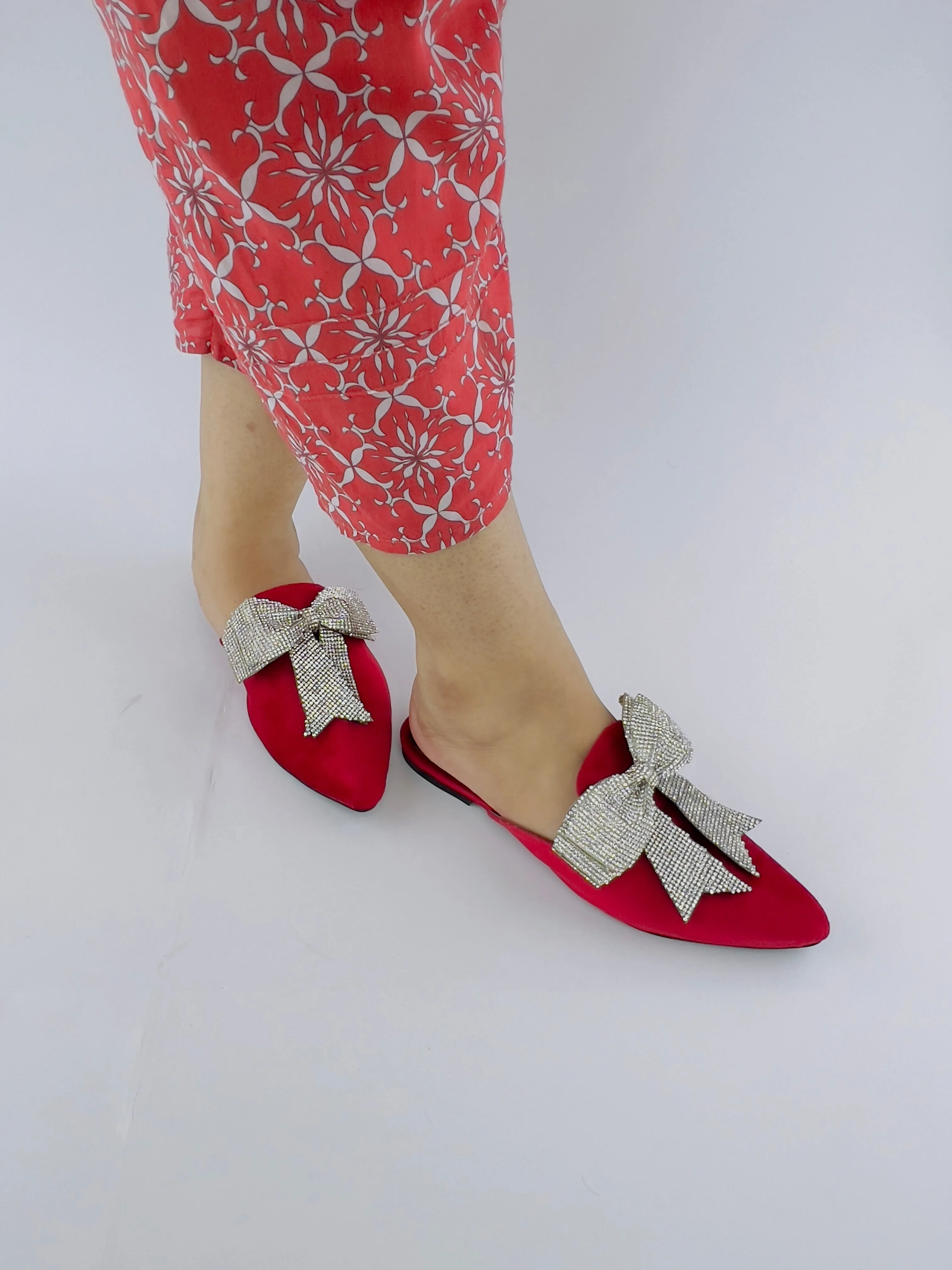 Annabel Red Open Toe Luxury Rhinestone Mules