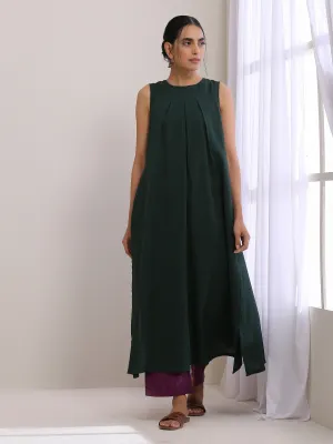 Dark Green Dobby Sleeveless Kurta Pant Set | Relove