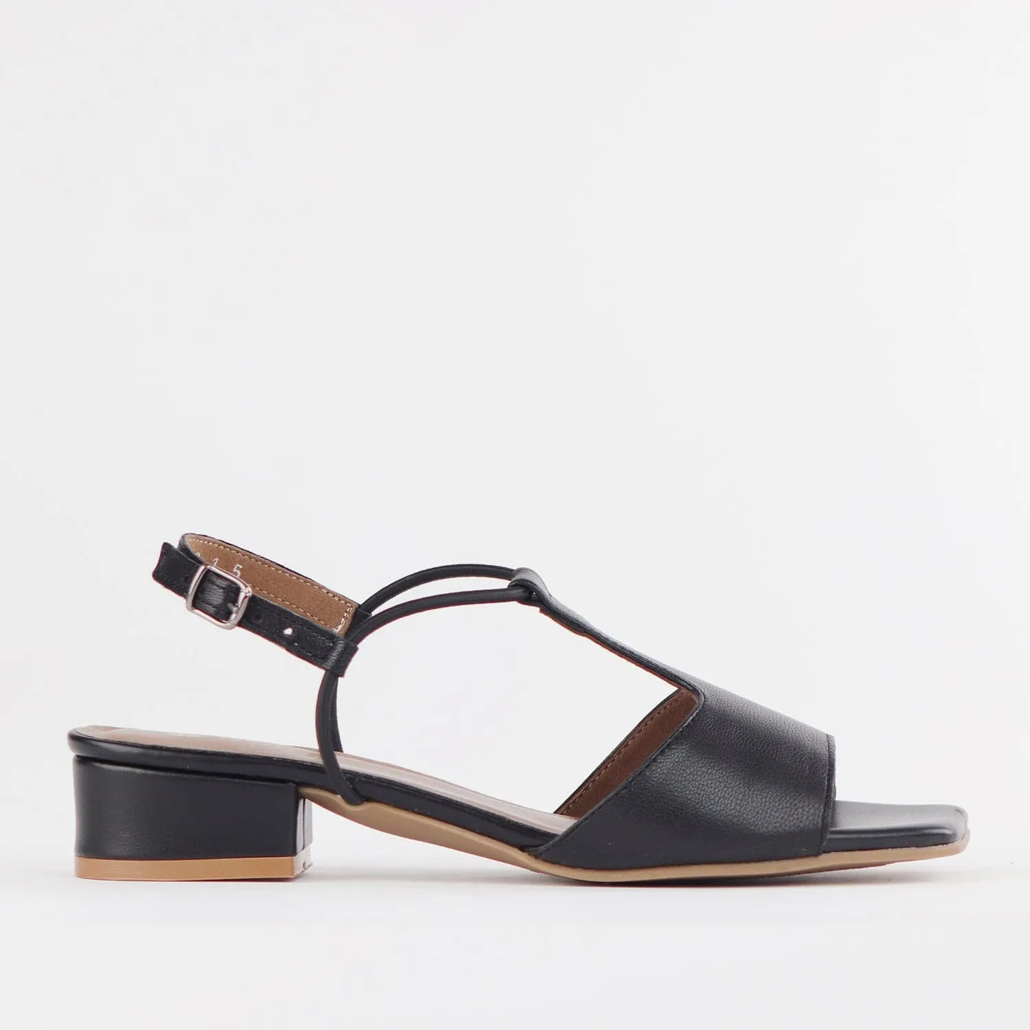 Elasticated Block Heel T-bar Sandal in Black - 12668