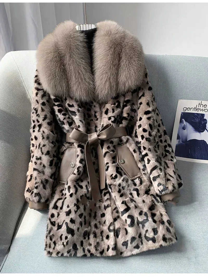 Elegant Leopard Print Faux Mink Fur Coat