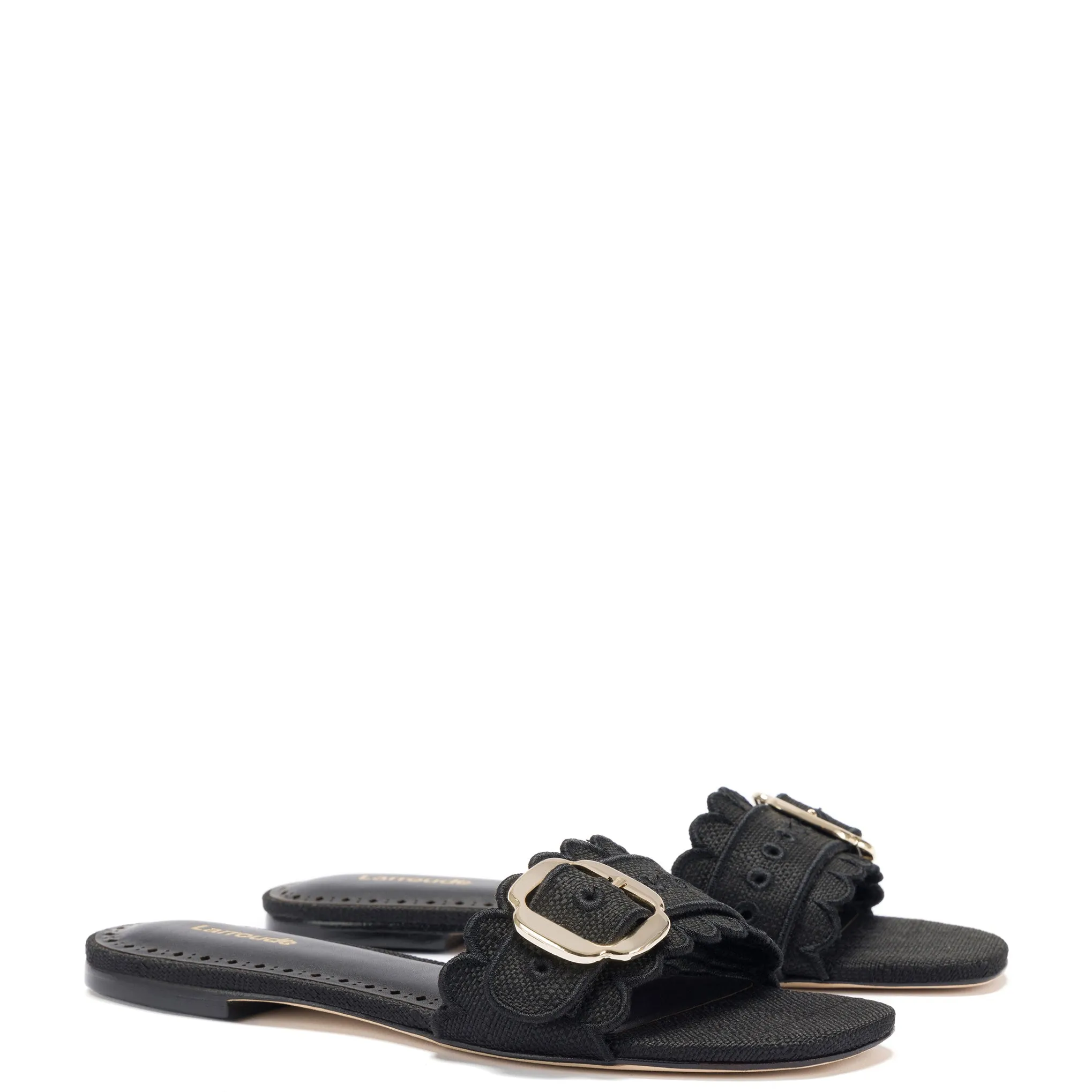 Ivy Broderie Flat Mule In Black Raffia