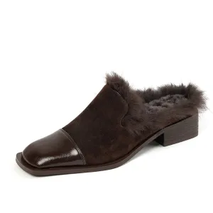 Keira Brown Low Heeled Mules with Fur