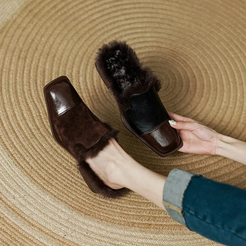 Keira Brown Low Heeled Mules with Fur