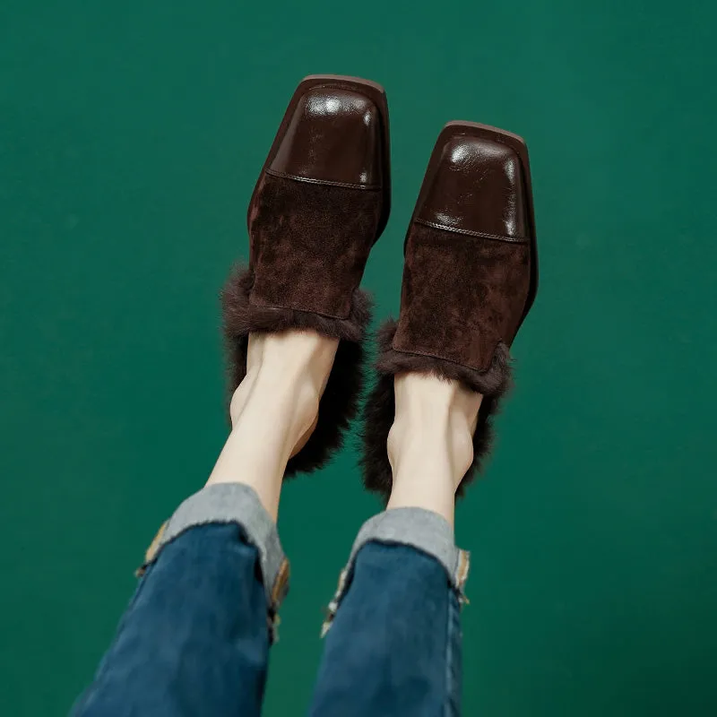 Keira Brown Low Heeled Mules with Fur