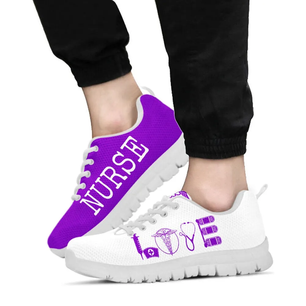 Nurse Sneaker, Nurse Love Purple White Sneakers Shoes, Best Shoes For Nurses