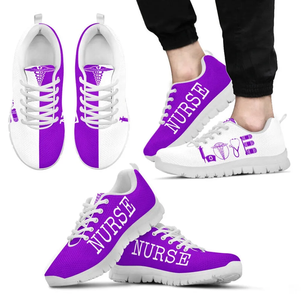 Nurse Sneaker, Nurse Love Purple White Sneakers Shoes, Best Shoes For Nurses