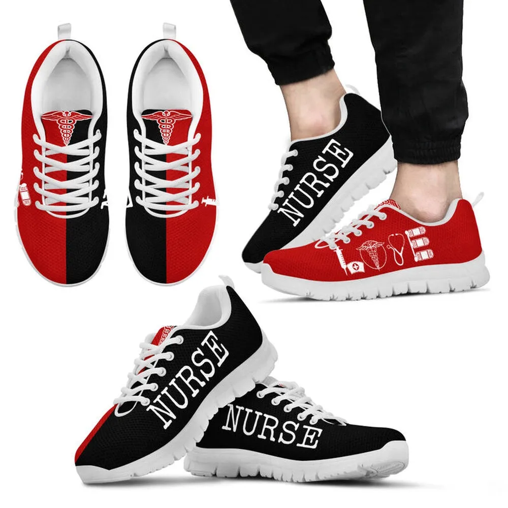 Nurse Sneaker, Nurse Love Red Black Sneakers Shoes, Best Shoes For Nurses