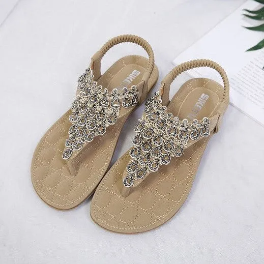 OCW Rhinestone Sandals For Women T-strap Flat Anti-shock Stylish For Summer