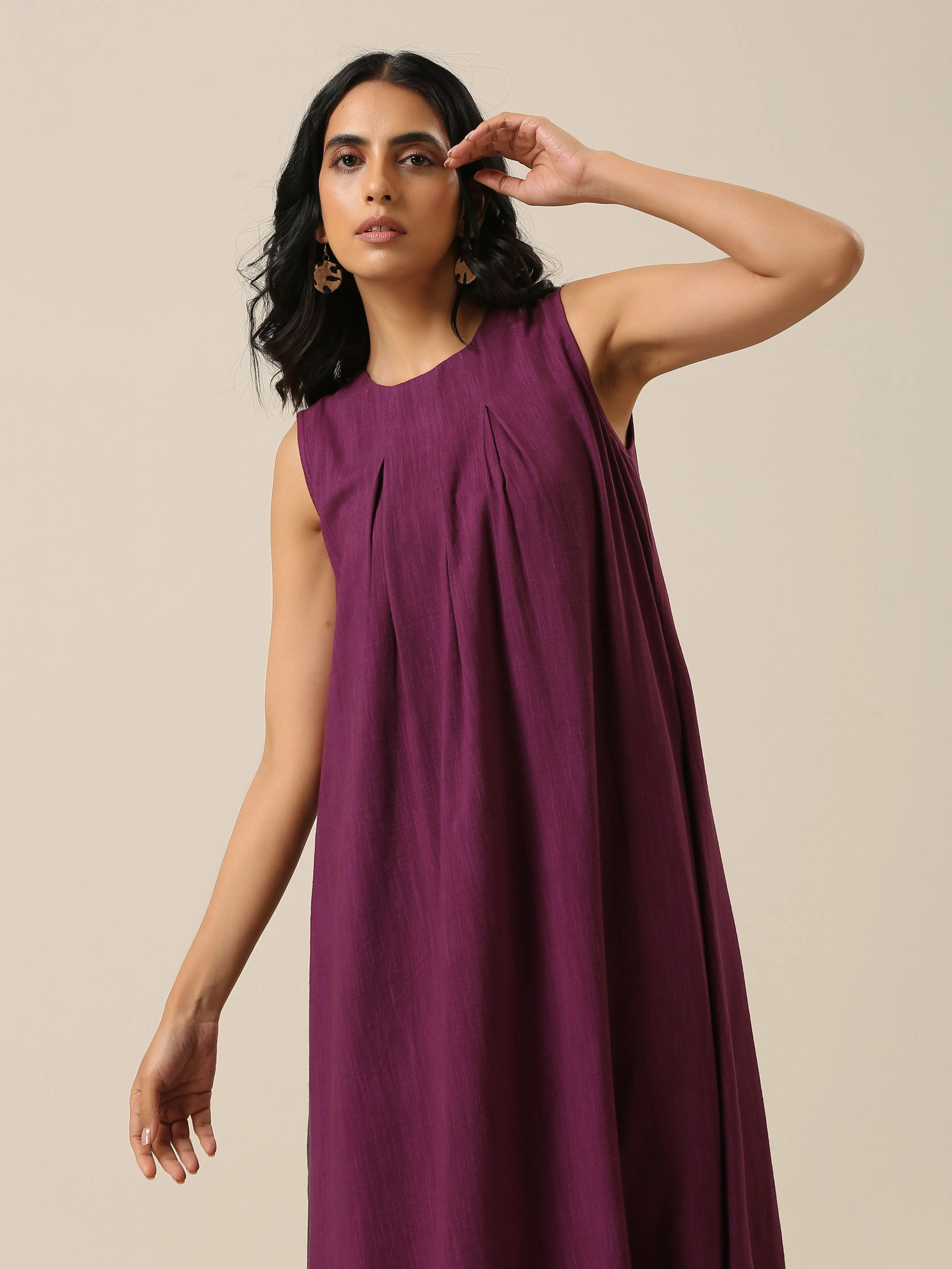 Plum Purple Slub Texture Sleeveless Kurta Pant Set