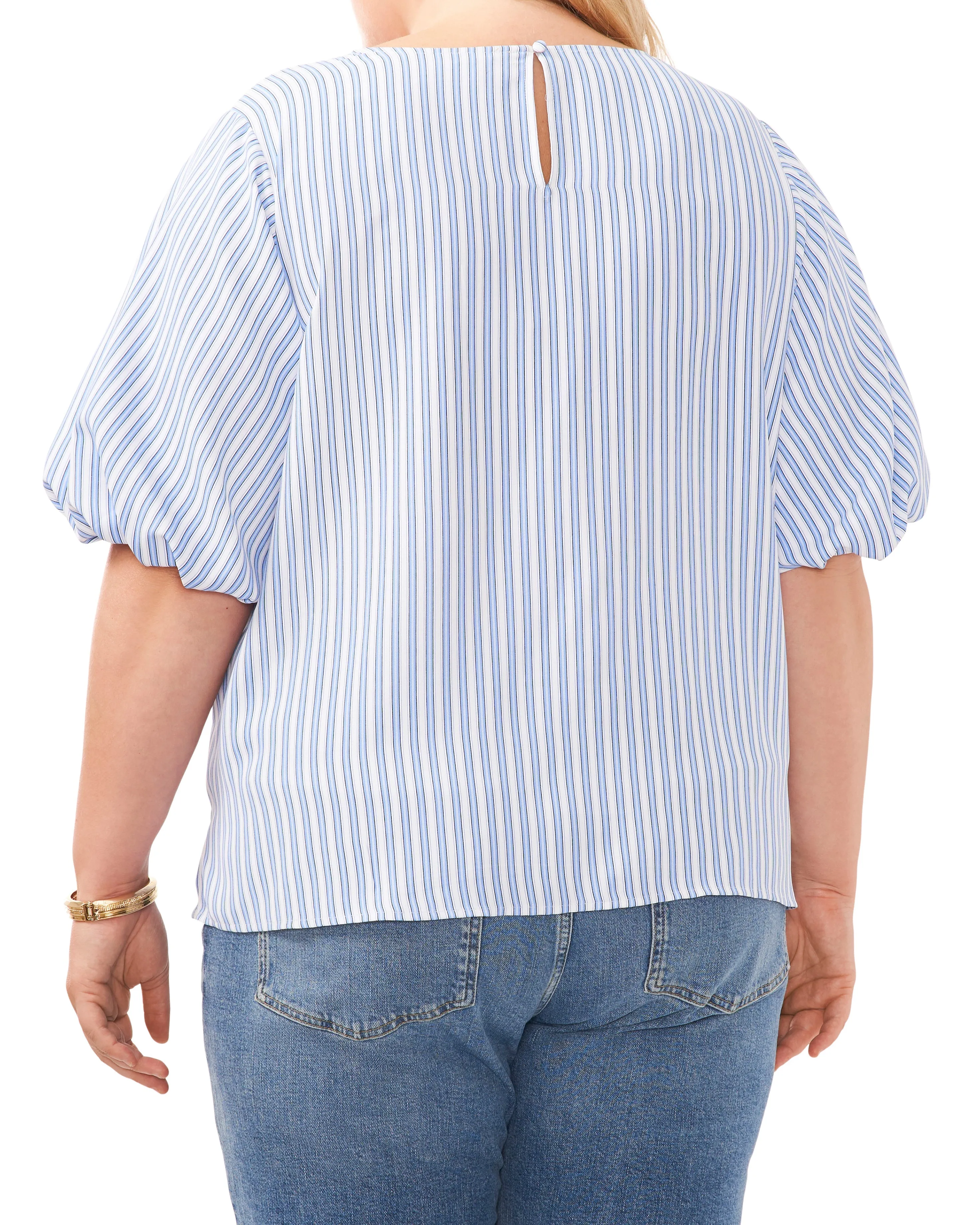 Plus-Size Stripe Print Puff Sleeve Blouse