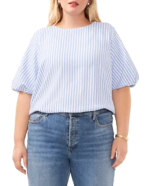 Plus-Size Stripe Print Puff Sleeve Blouse