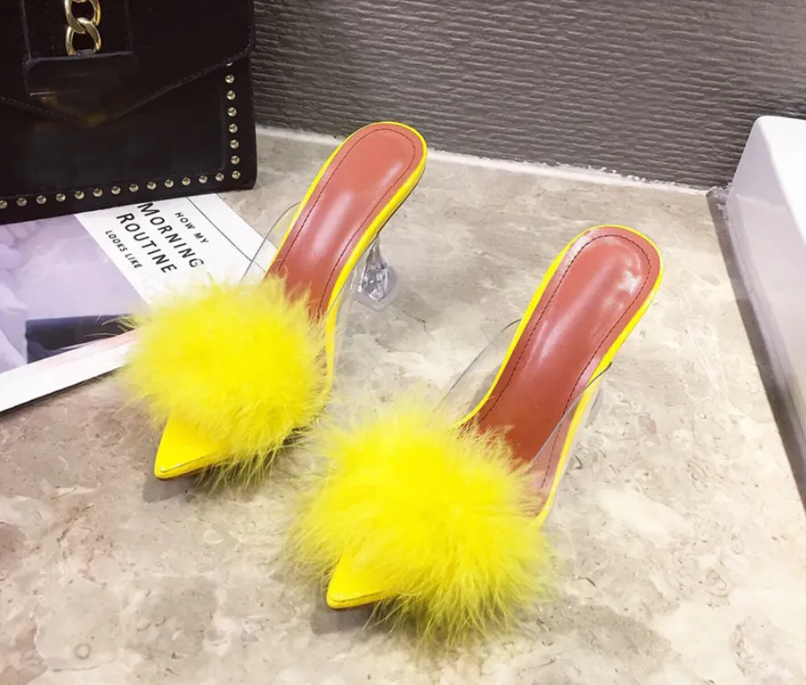 Transparent Peep Toe High Heels Feather Design Women Slip On Mules