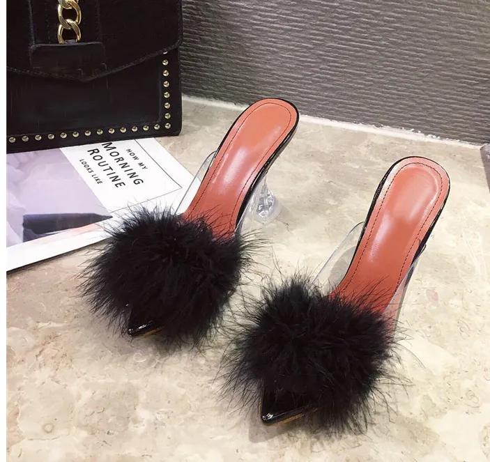 Transparent Peep Toe High Heels Feather Design Women Slip On Mules