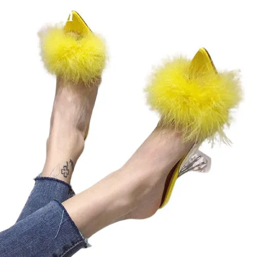 Transparent Peep Toe High Heels Feather Design Women Slip On Mules