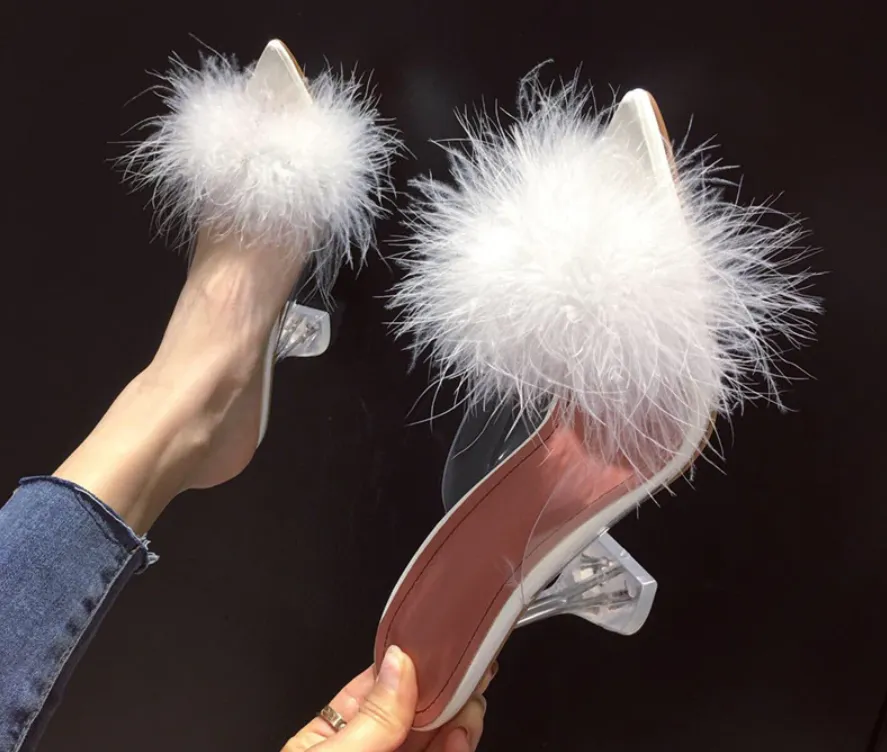 Transparent Peep Toe High Heels Feather Design Women Slip On Mules