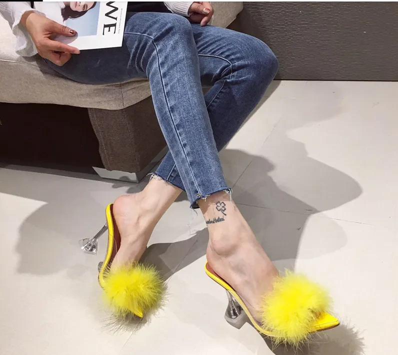 Transparent Peep Toe High Heels Feather Design Women Slip On Mules