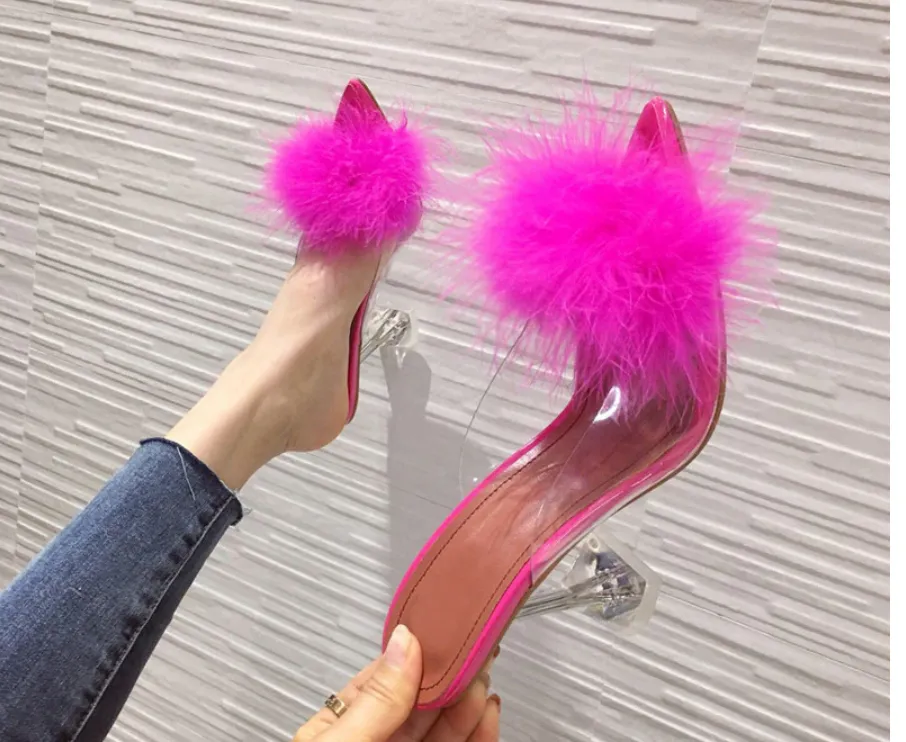 Transparent Peep Toe High Heels Feather Design Women Slip On Mules