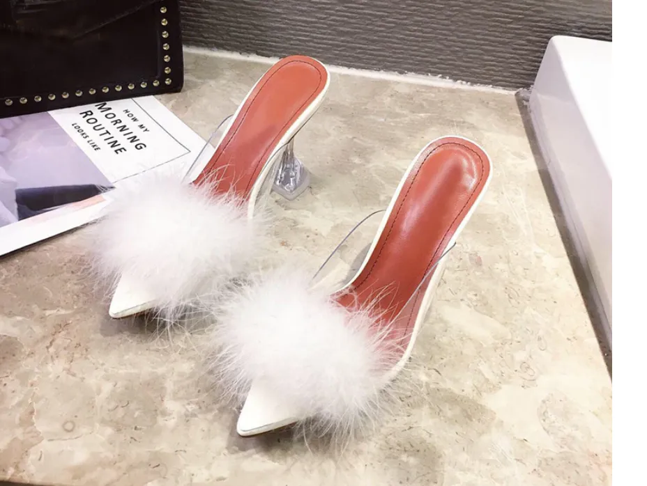 Transparent Peep Toe High Heels Feather Design Women Slip On Mules