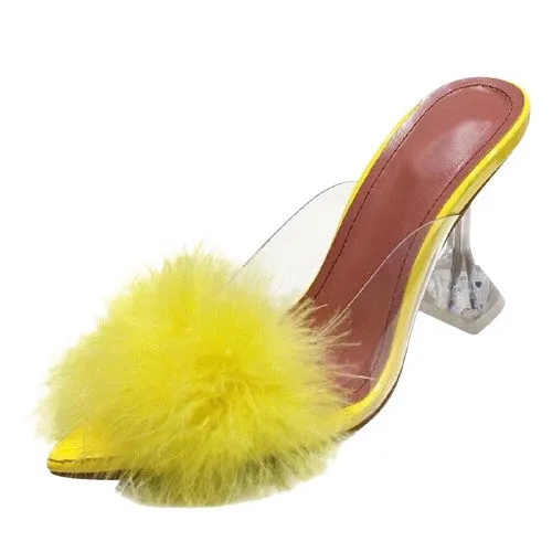 Transparent Peep Toe High Heels Feather Design Women Slip On Mules