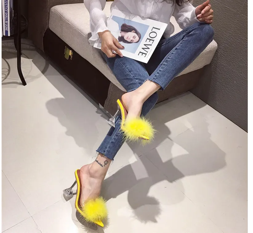 Transparent Peep Toe High Heels Feather Design Women Slip On Mules