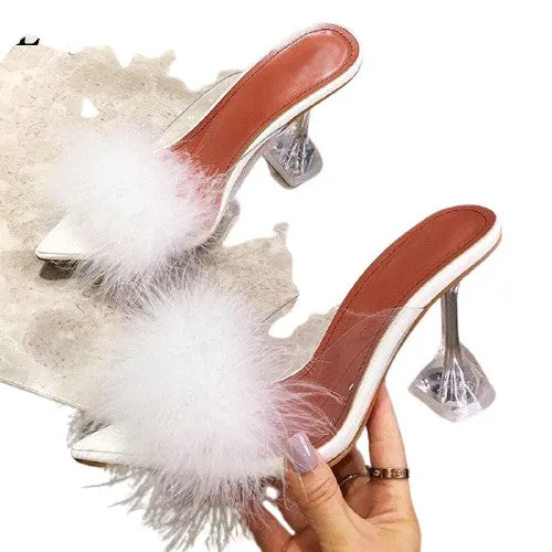 Transparent Peep Toe High Heels Feather Design Women Slip On Mules