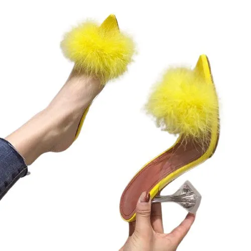 Transparent Peep Toe High Heels Feather Design Women Slip On Mules