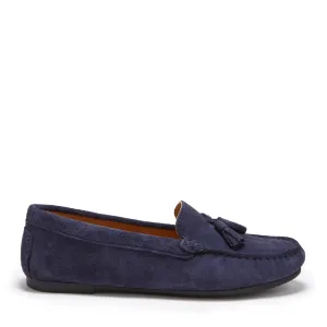 Women's Tasselled Driving Loafers Full Rubber Sole, navy blue suede