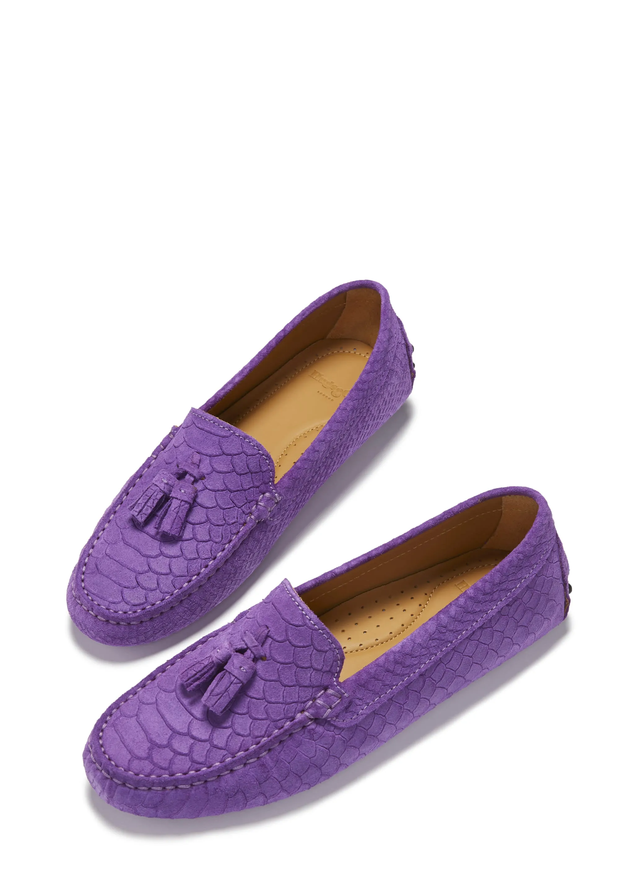 Women's Tasselled Driving Loafers, purple embossed suede